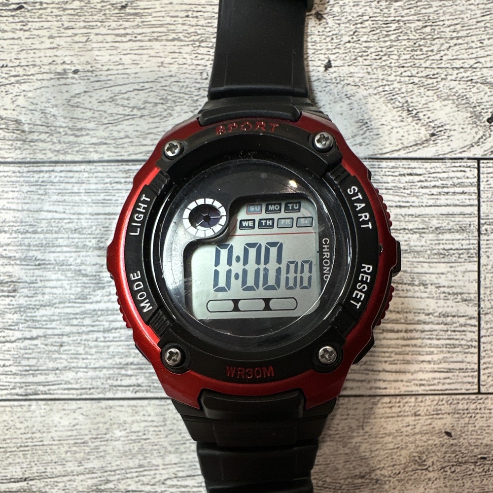Sports Digital Quartz Chronograph Watch WR30M 30m Red/Black Case *Untested*
